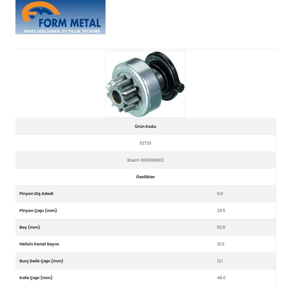 FORMMETAL BOSCH TİP DİŞLİ 9 DİŞ TERS DÖNÜŞ GOLDINI/PANCAR