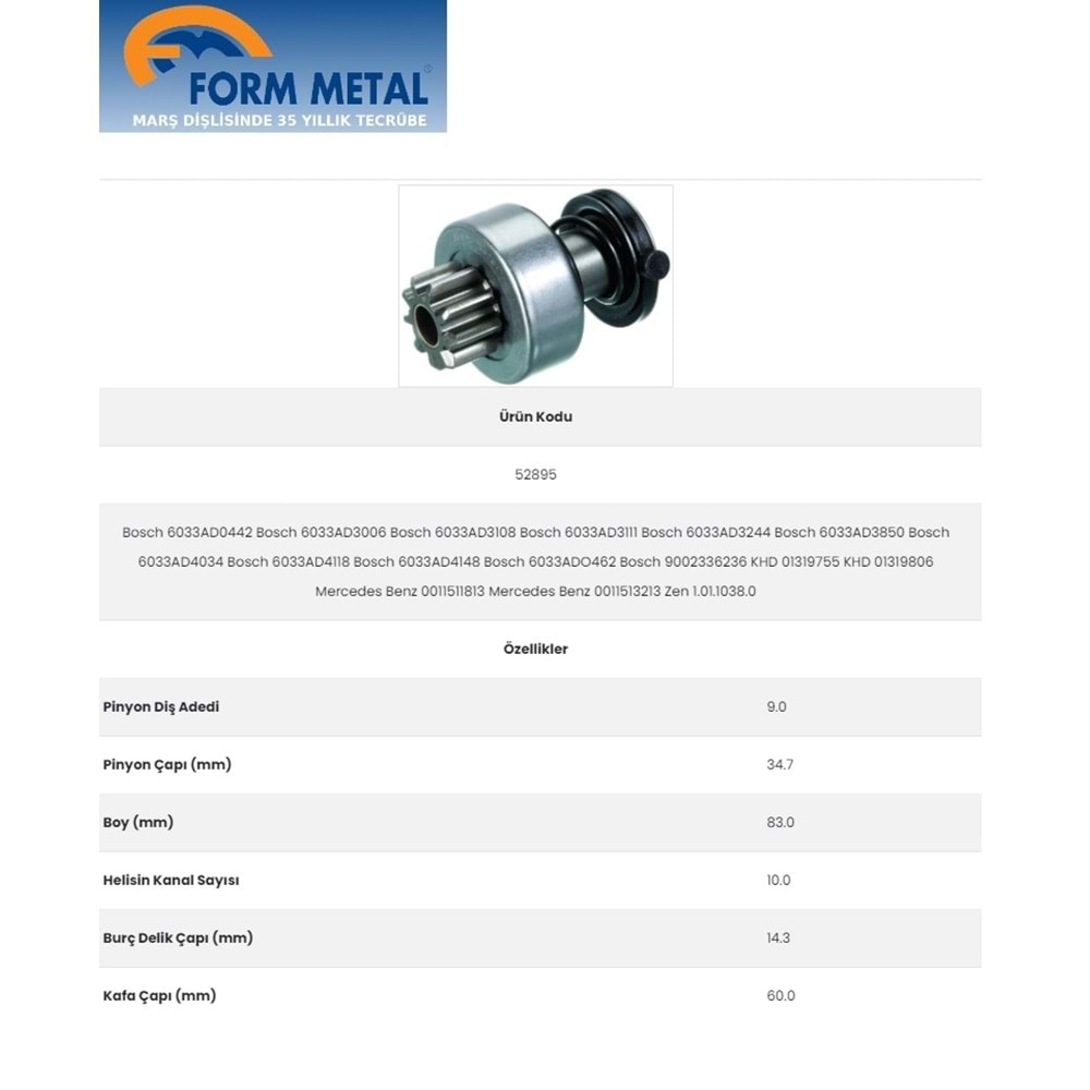 FORMMETAL BOSCH TİP MARŞ DİŞLİSİ 9 DİŞ MERCEDES AXOR/FORD CARGO