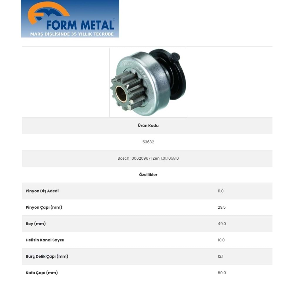 FORMMETAL BOSCH TİP MARŞ DİŞLİSİ 11 DİŞ RENAULT KANGOO 1,9
