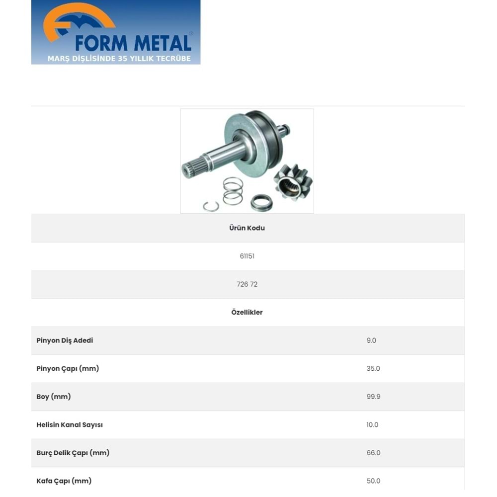 FORMMETAL MITSUBISHI TİP MARŞ DİŞLİSİ 9 DİŞ CANTER UZUN