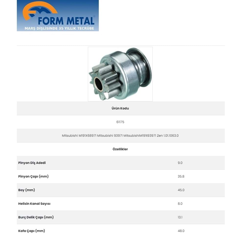 FORMMETAL MISUBISHI TİP MARŞ DİŞLİSİ 9 DİŞ RENAULT MASTER/FUSO CANTER