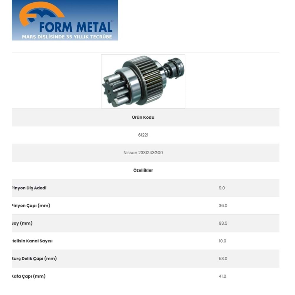 FORMMETAL HITACHI TİP DİŞLİ 9 DİŞ BMC NISSAN 3 RULMANLI