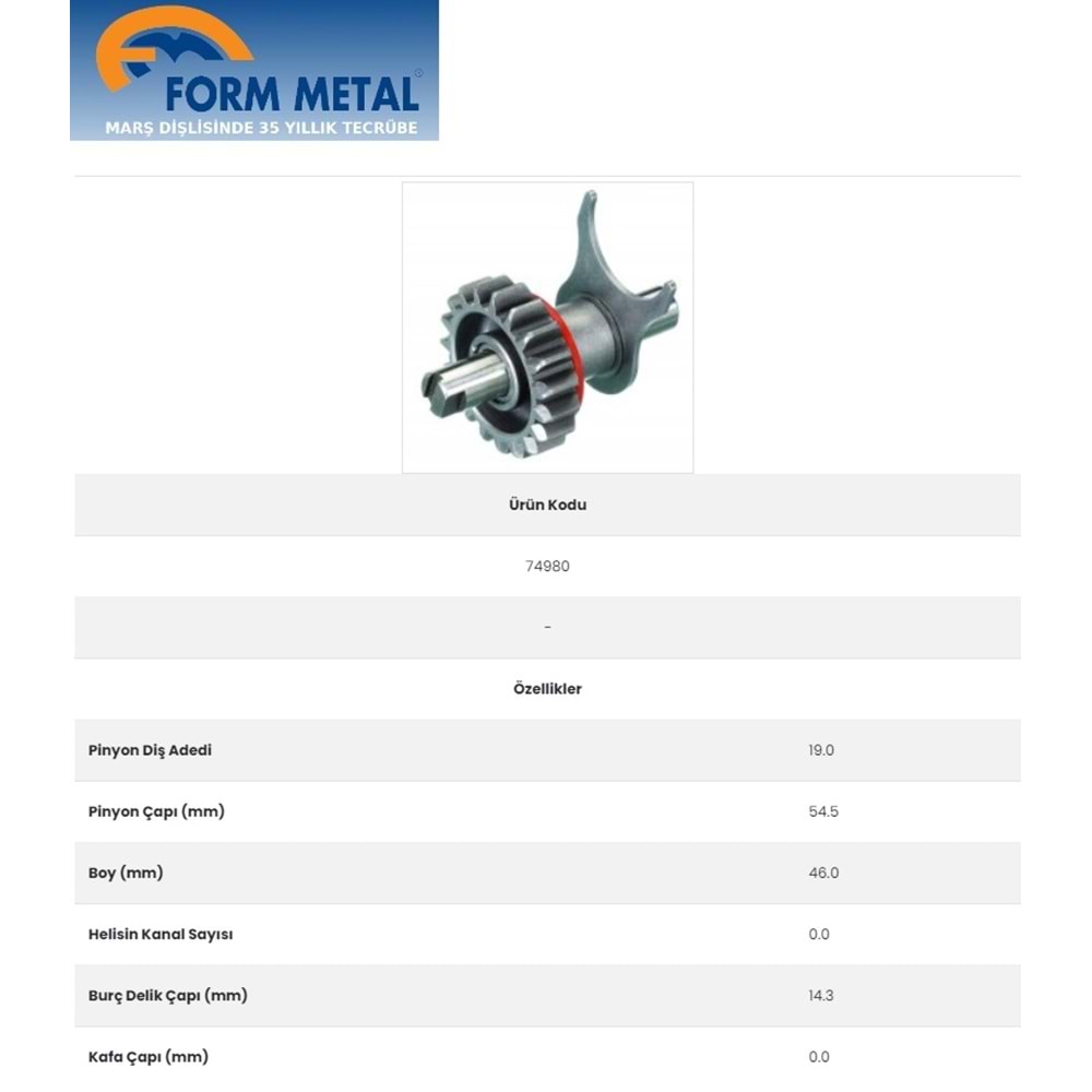 FORMMETAL MOTOCRAFT TİP MARŞ DİŞLİSİ 19 DİŞ AKTARMA MİLLİ