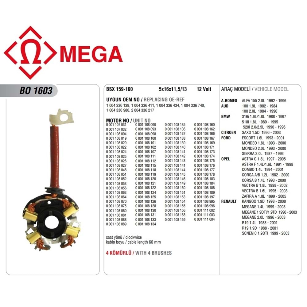MEGA BOSCH TİP MARŞ KÖMÜR YUVASI BMW/RENAULT KANGOO/PARTNER (BSX159/160 5X16X13)