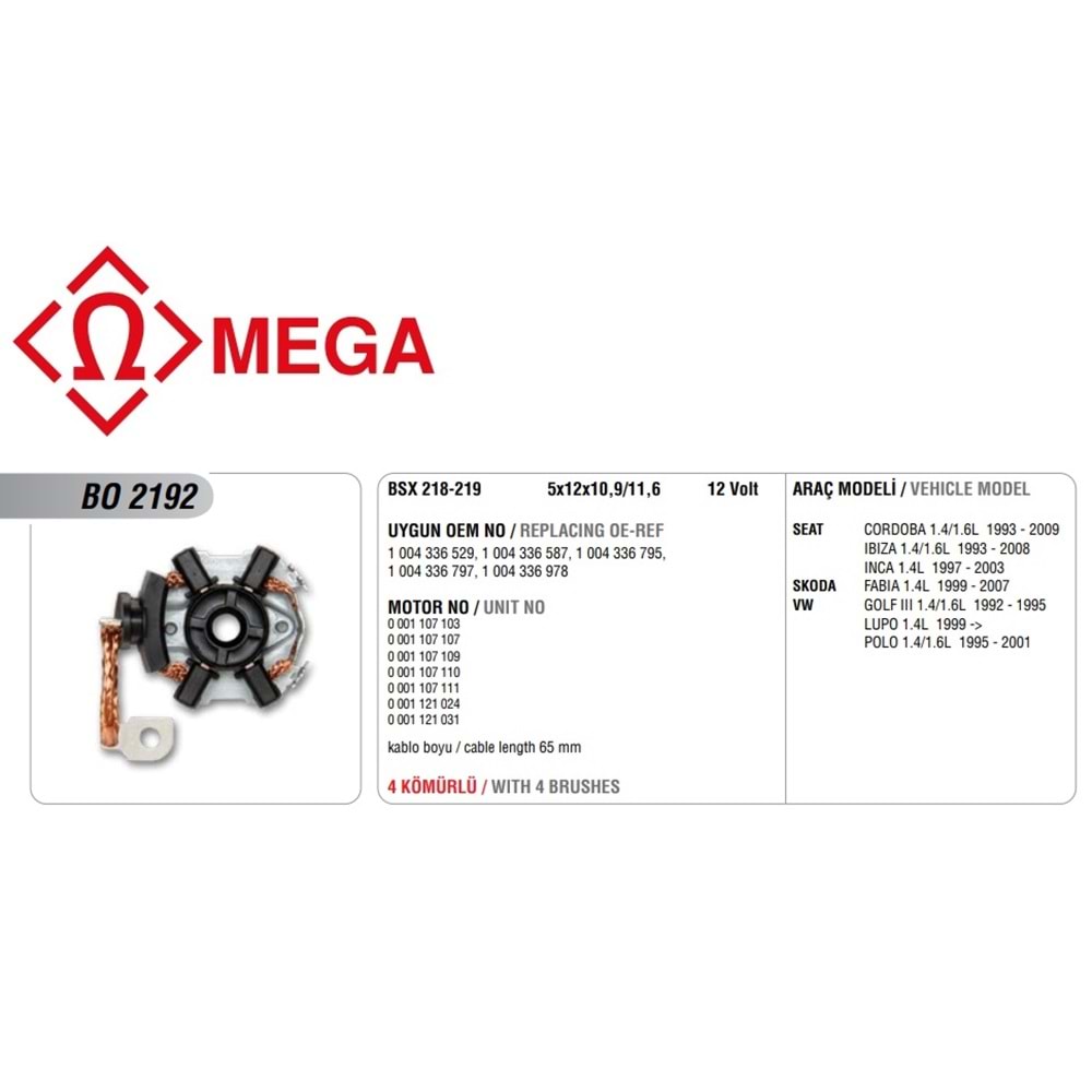 MEGA BOSCH TİP MARŞ KÖMÜR YUVA BSX161/162 YM DAR (BSX218/219 5X12X10.90/11.60)