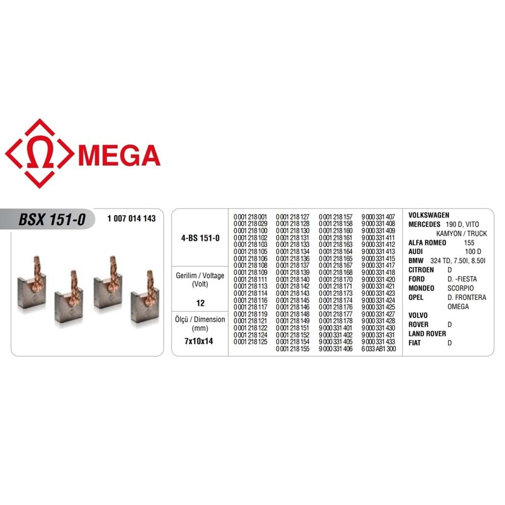 MEGA MARŞ KÖMÜRÜ BOSCH TİP MARŞ MOTORU 12V MERCEDES/FORD/OPEL (7x10x14)