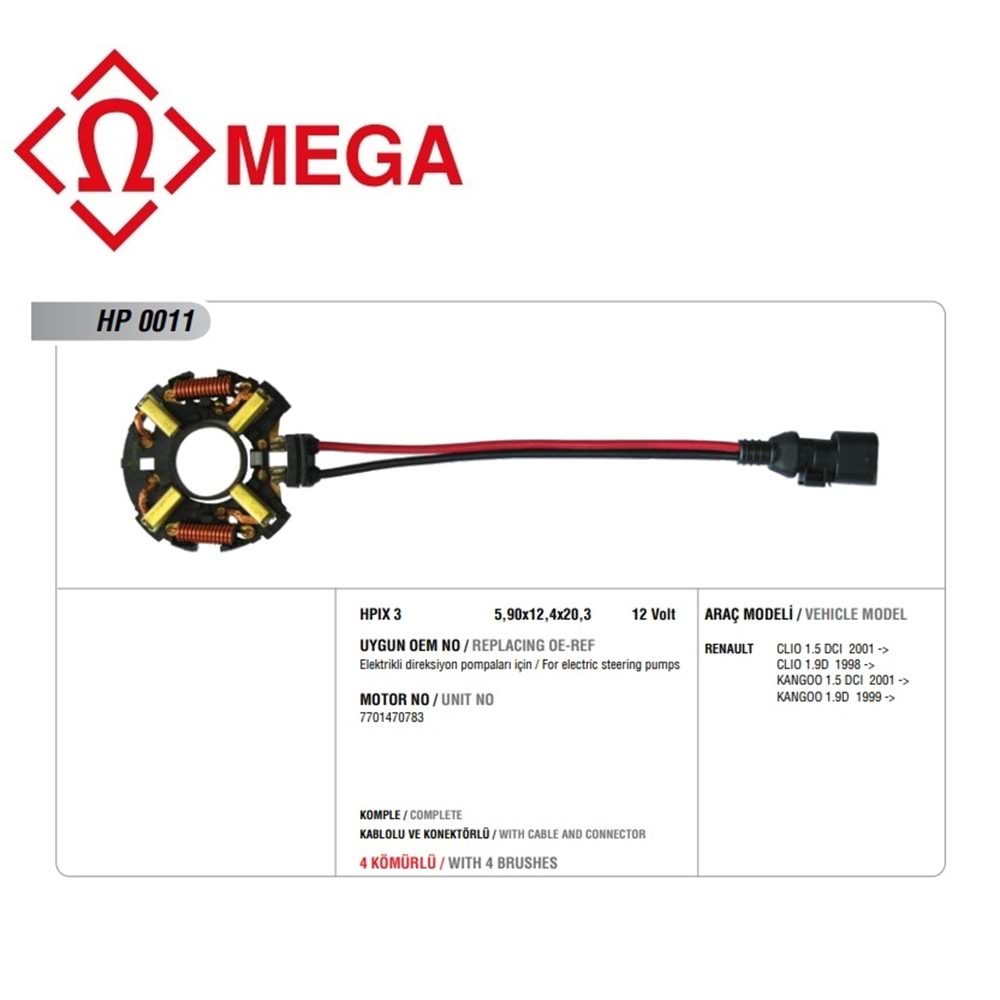 MEGA DİREKSİYON POMPASI KÖMÜR YUVASI RENAULT CLIO/KANGOO (HPIX3 5.90X12.40X20.30)