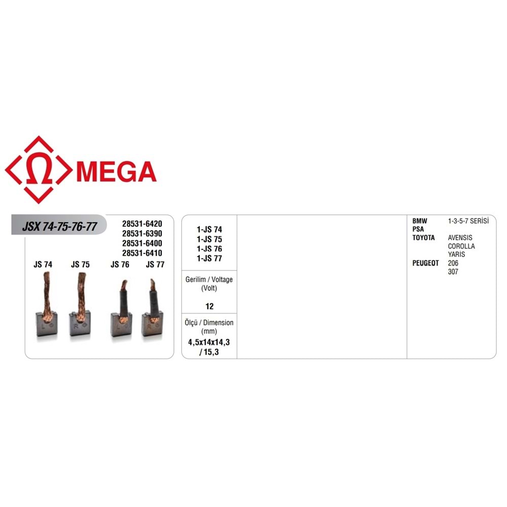 MEGA MARŞ KÖMÜRÜ MARELLİ TİP MARŞ MOTORU 12V TOYOTA/BMW/PEUGEOT/CITROEN (4,5x14x14,3/15,3)