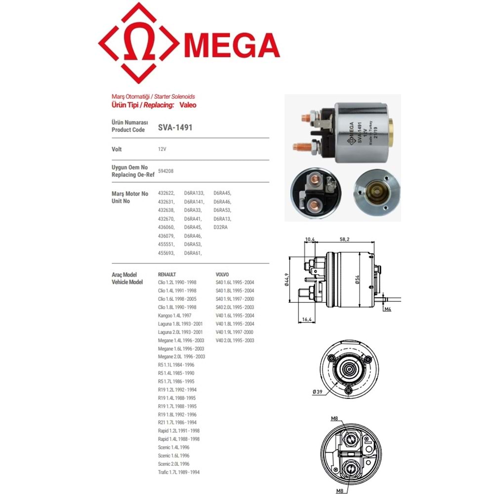 MEGA VALEO TİP MARŞ OTOMATİĞİ (OTOMATİK) 12V 3M 3 DELİK TERS ATKI FİŞLİ KANGOO/RENAULT 19