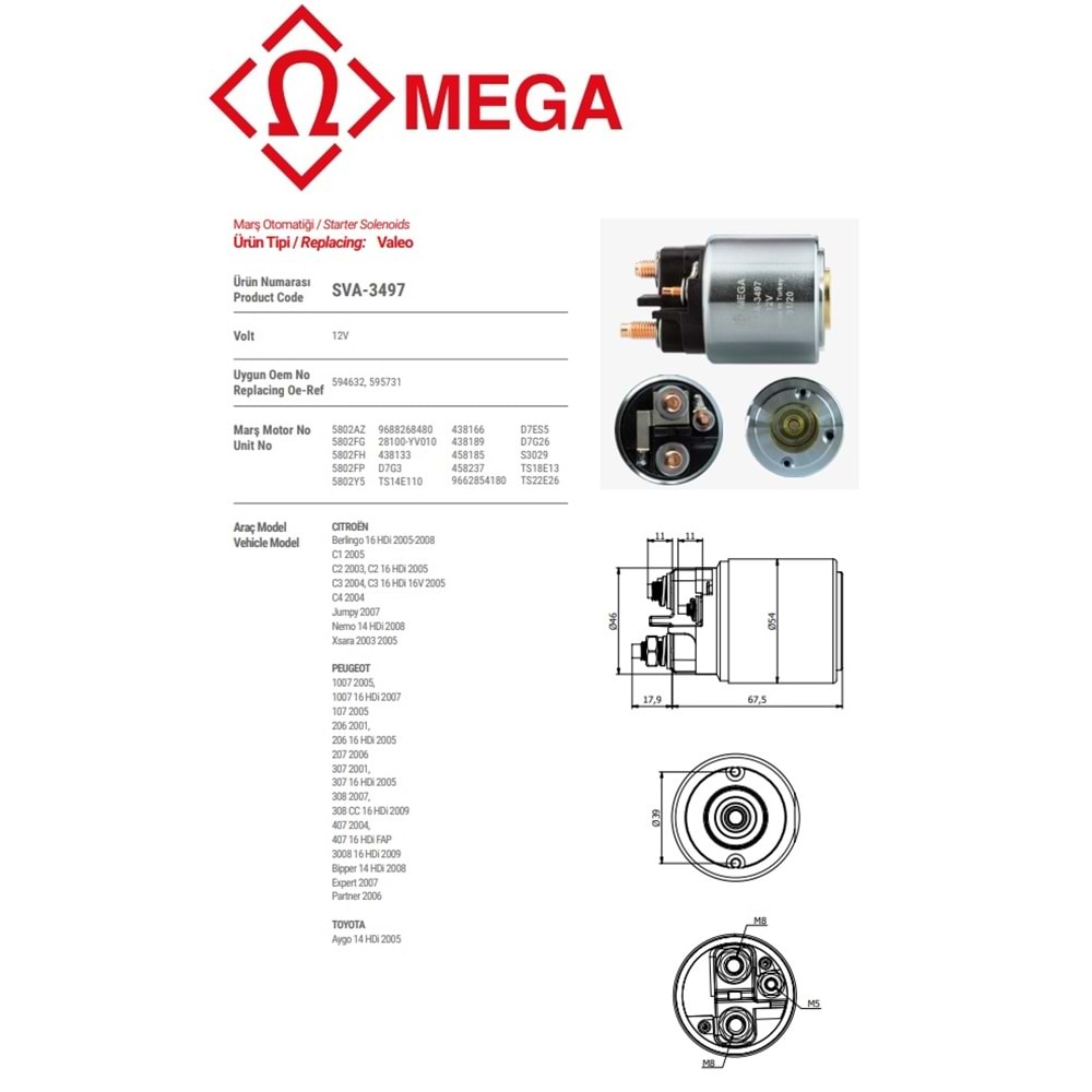 MEGA VALEO TİP MARŞ OTOMATİĞİ (OTOMATİK) 12V YM 3D TERS ATKI CİVATALI CITROEN/PEUGEOT