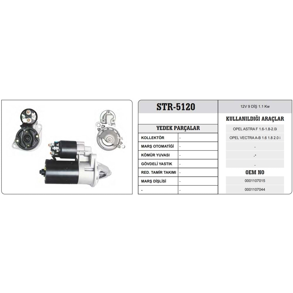 BOSCH TİP MARŞ MOTORU 12V 9 DİŞ 1.1KW ASTRA F 1.6-1.8-2.0 VECTRA A-B 1.6 1.8 2.0 DAEWOO