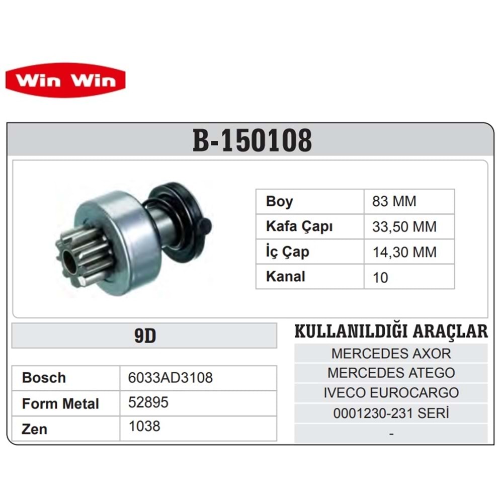 WINWIN BOSCH TİP MARŞ DİŞLİSİ 9 DİŞ MERCEDES AXOR/FORD CARGO