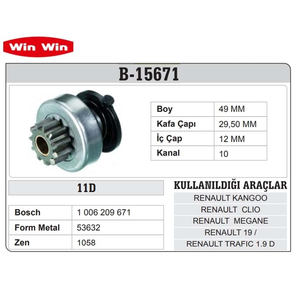 WINWIN BOSCH TİP MARŞ DİŞLİSİ 11 DİŞ RENAULT KANGOO 1,9