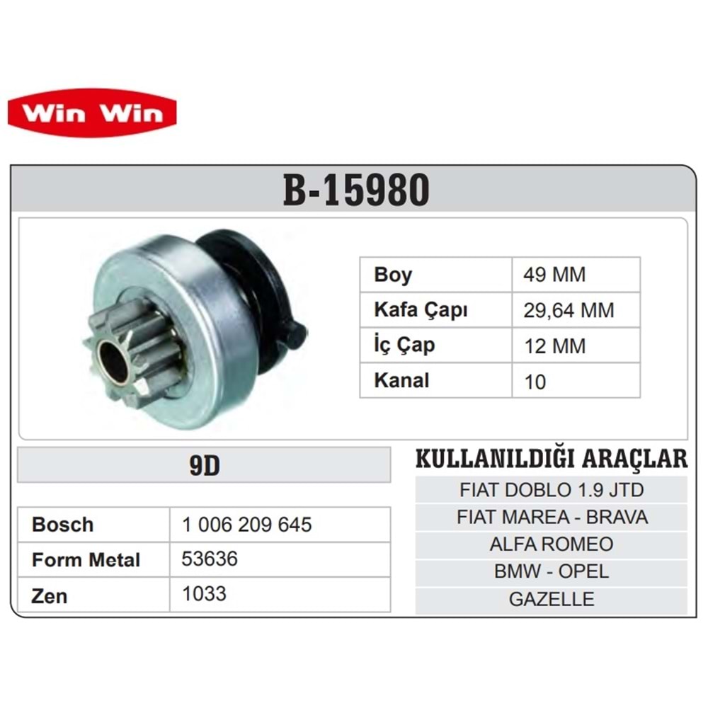 WINWIN BOSCH TİP MARŞ DİŞLİSİ 9 DİŞ FIAT/OPEL