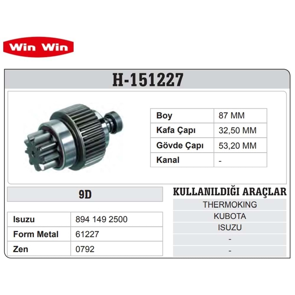 WINWIN HITACHI TİP MARŞ DİŞLİSİ 9 DİŞ ISUZU DMAX/KUBATO/DAEWOO FORKLIFT/KOMATSU