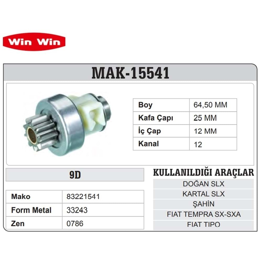 WINWIN MAKO TİP MARŞ DİŞLİSİ 9 DİŞ DOĞAN SLX