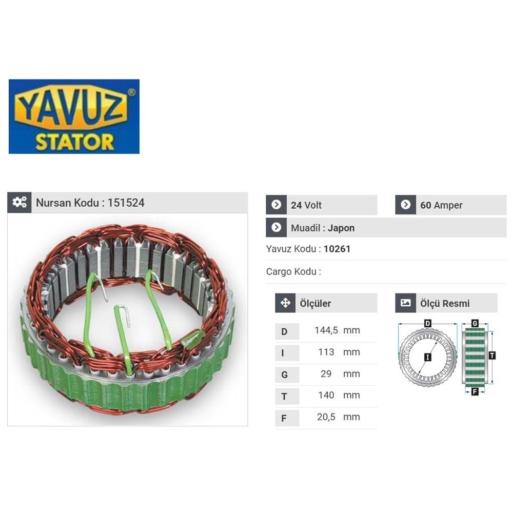 YAVUZ MANDO TİP STATÖR 24V 60A HYUNDAI KAMYONET