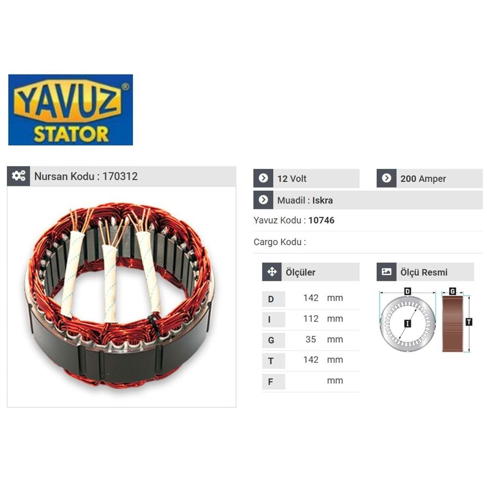 YAVUZ ISKRA TİP STATÖR 12V 200A MITSUBISHI PRESTİJ