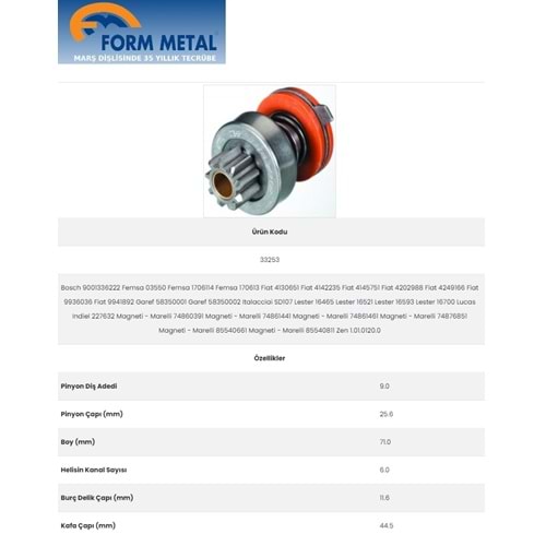 FORMMETAL MAKO TİP MARŞ DİŞLİSİ 9 DİŞ REMAULT 12/MURAT 124/MURAT 131 1300 MOTOR