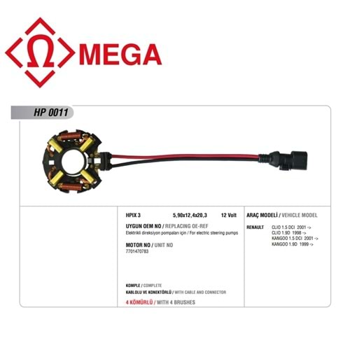 MEGA DİREKSİYON POMPASI KÖMÜR YUVASI RENAULT CLIO/KANGOO (HPIX3 5.90X12.40X20.30)