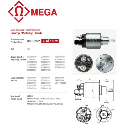 MEGA BOSCH TİP MARŞ OTOMATİĞİ (OTOMATİK) 12V VW KARE SOKET GENİŞ GÖVDE