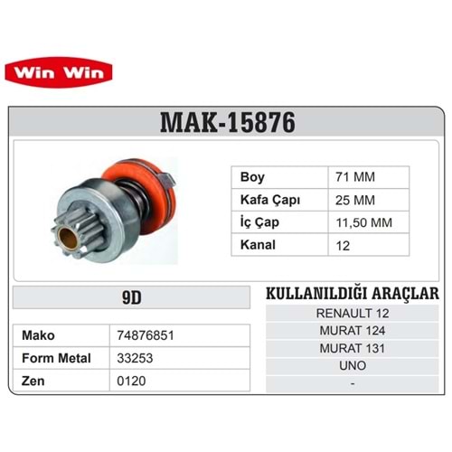 WINWIN MAKO TİP MARŞ DİŞLİSİ 9 DİŞ REMAULT 12/MURAT 124/MURAT 131 1300 MOTOR