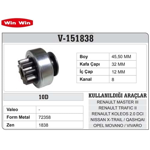 WINWIN VALEO TİP MARŞ DİŞLİSİ 10 DİŞ NISSAN QASHQAI/RENAULT LAGUNA/MASTER